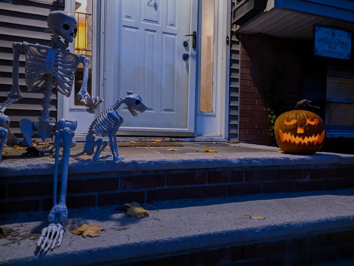 A Halloween porch scene features a large skeleton and a smaller skeleton dog standing on a concrete step in front of a white…
