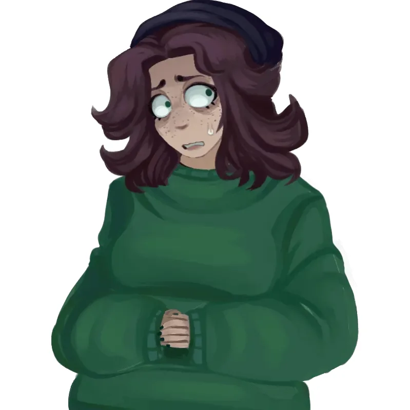 An anime-style illustration of a young woman with brown hair and freckles, wearing a green sweater and a dark beanie…