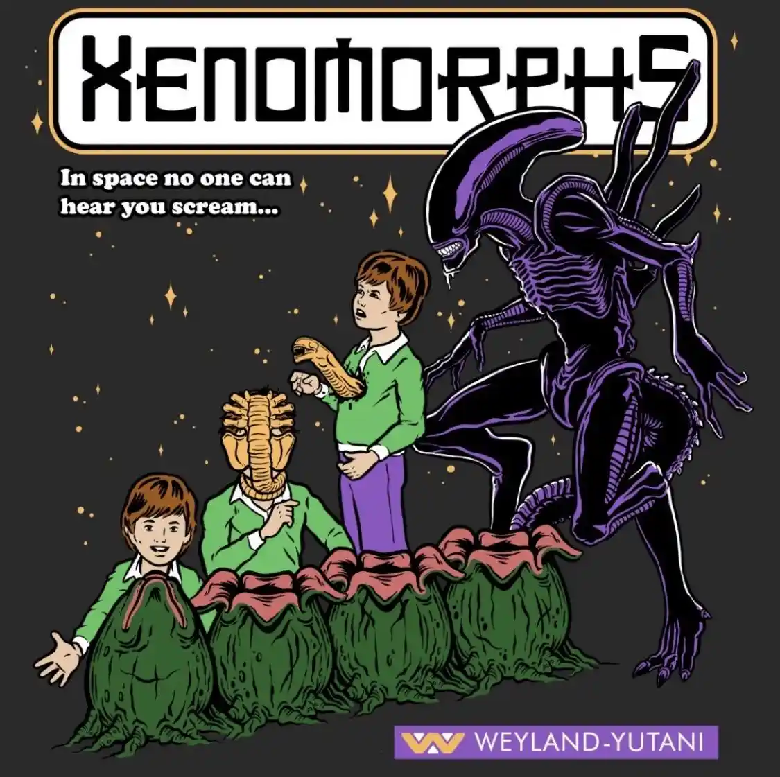 A cartoon-style image shows three children in green sweaters and purple pants, each emerging from a green, flower-like pod…