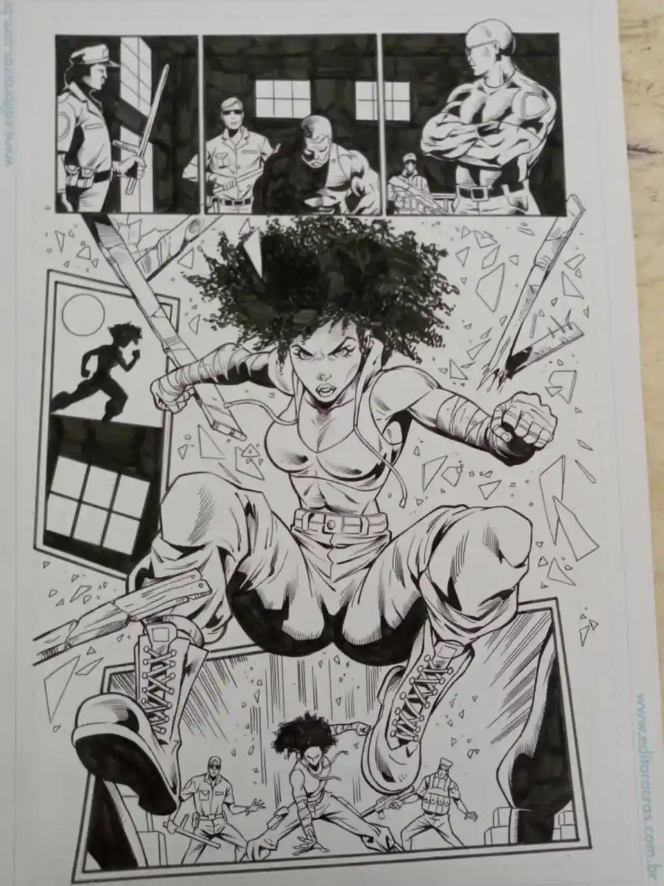 A black-and-white comic panel shows a woman with an afro hairstyle leaping through the air, breaking glass, with soldiers…