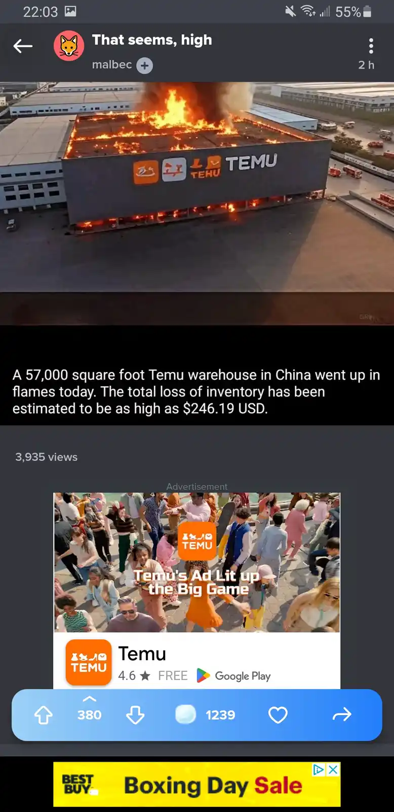 An aerial photo shows a large warehouse with 'TEMU' branding on its side engulfed in flames. Overlaid text states that a…