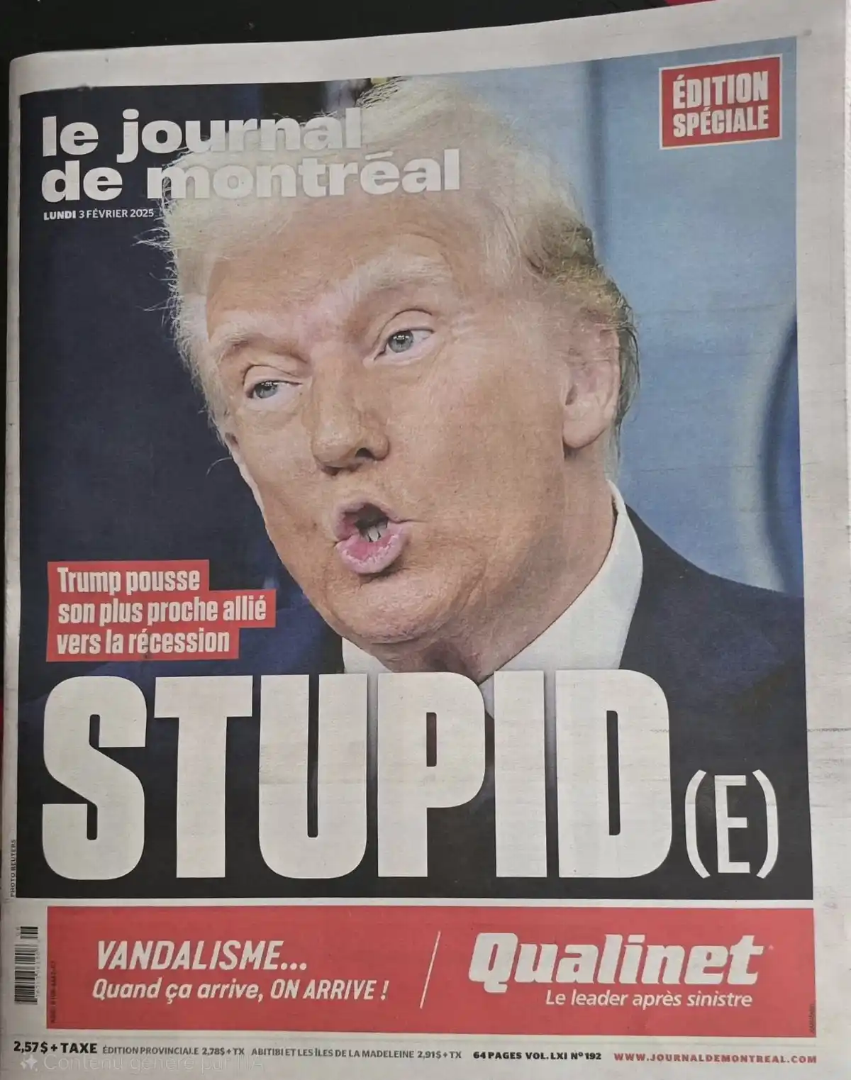 The image shows the front page of 'le journal de montréal' dated Monday, February 3, 2025, featuring a large photo of Donald…