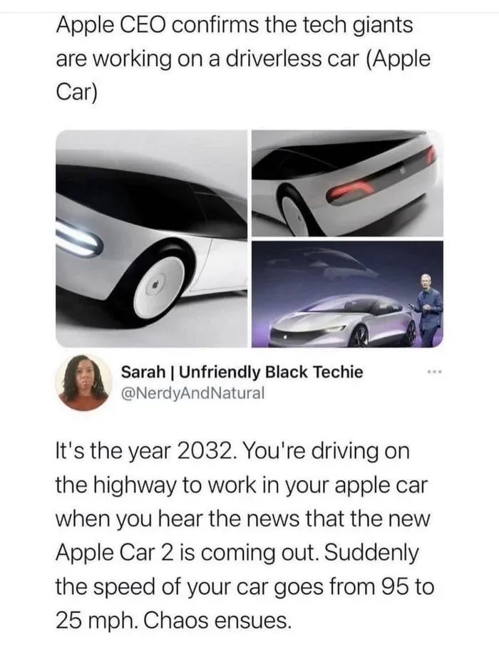 The image displays a collage of three photos of a futuristic, silver Apple Car concept with sleek design, glowing…