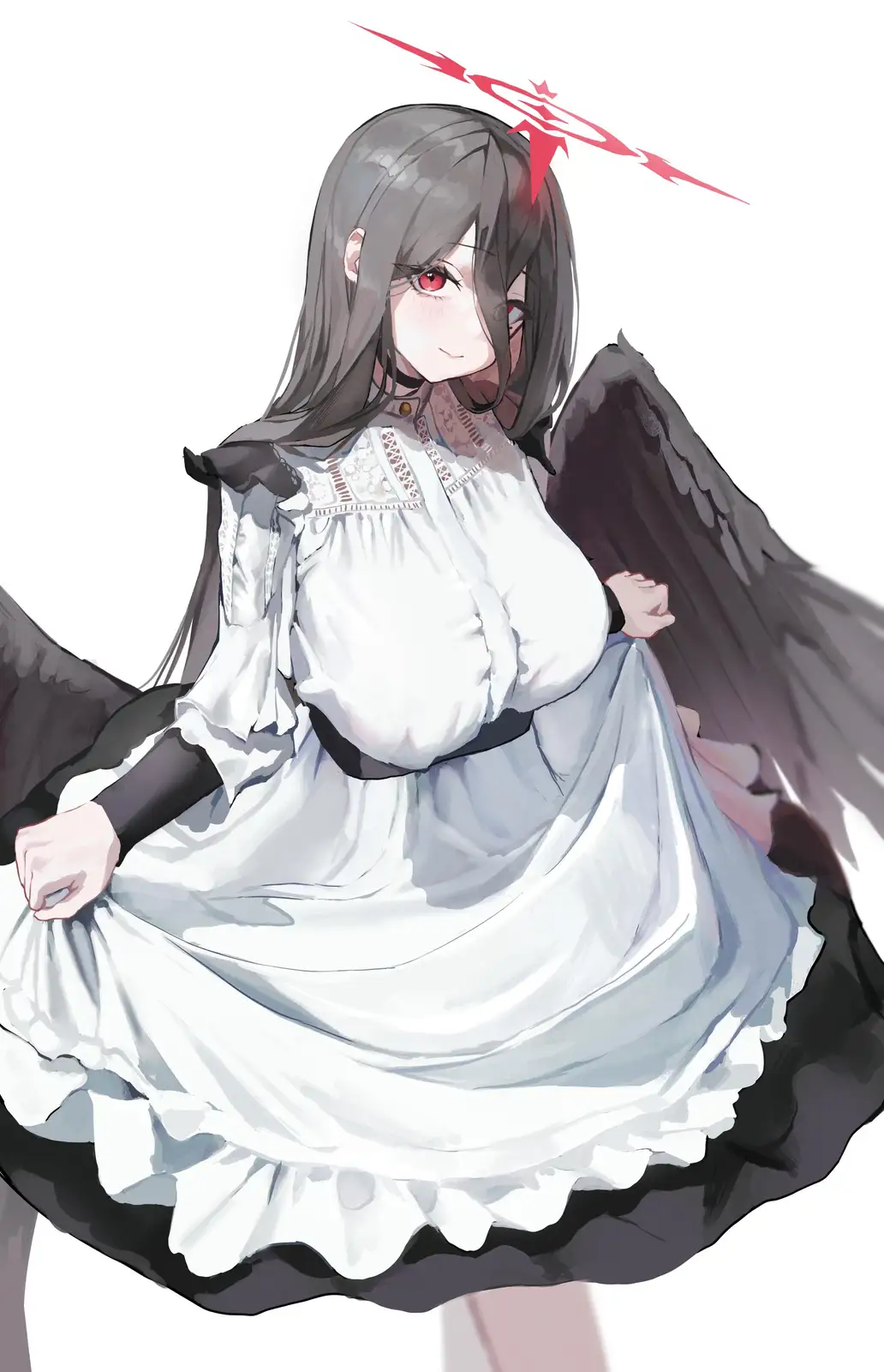 An anime-style illustration of a girl with long grey hair, red eyes, and large black wings, wearing a white dress with black…